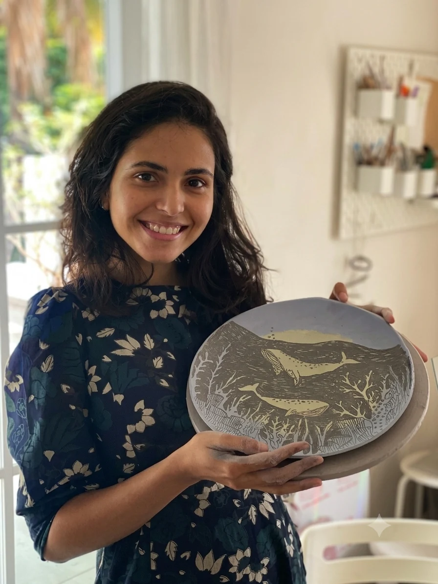 Pooja holding a wide platter carved with two whales